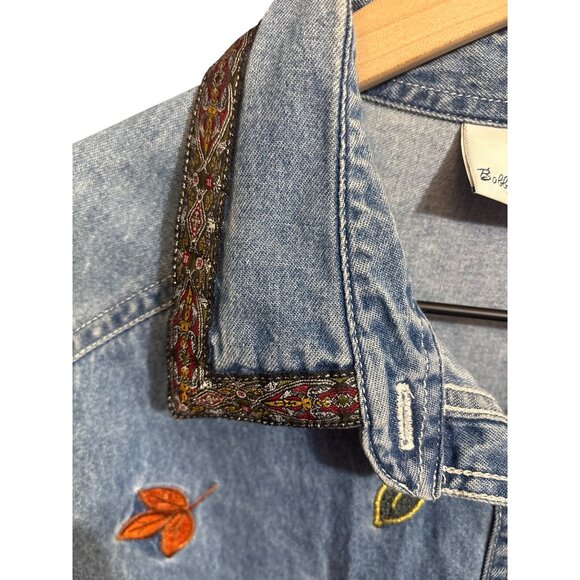 Bobbie Brooks Denim Shirt With Fall Leaf Embroidery & Paisley Collar S - Picture 3 of 5